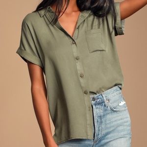Olive Green Short Sleeve Button-Up Top
